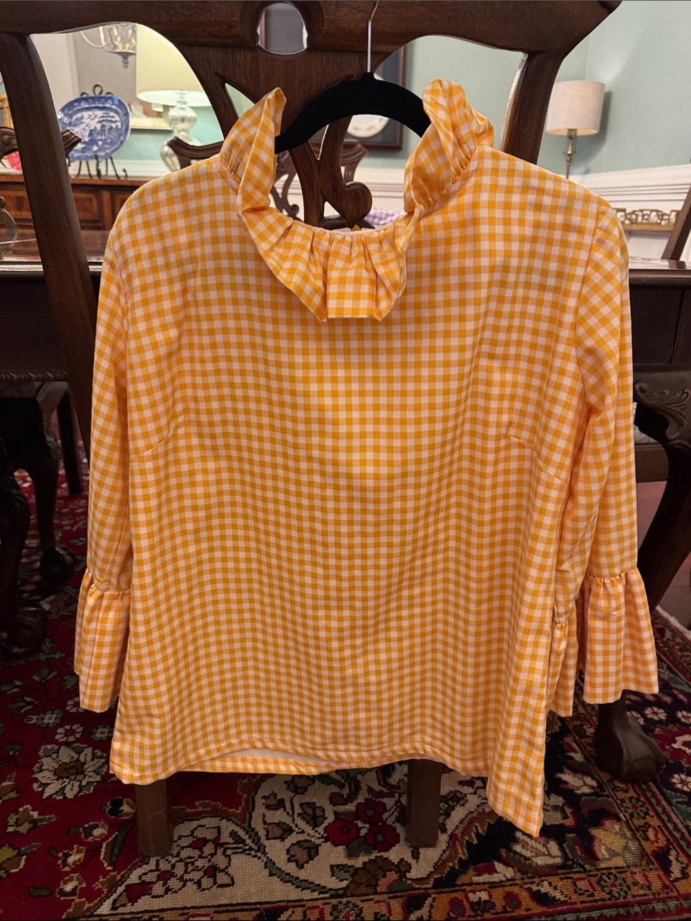 Gingham Ruffle-Neck Blouse in Yellow
